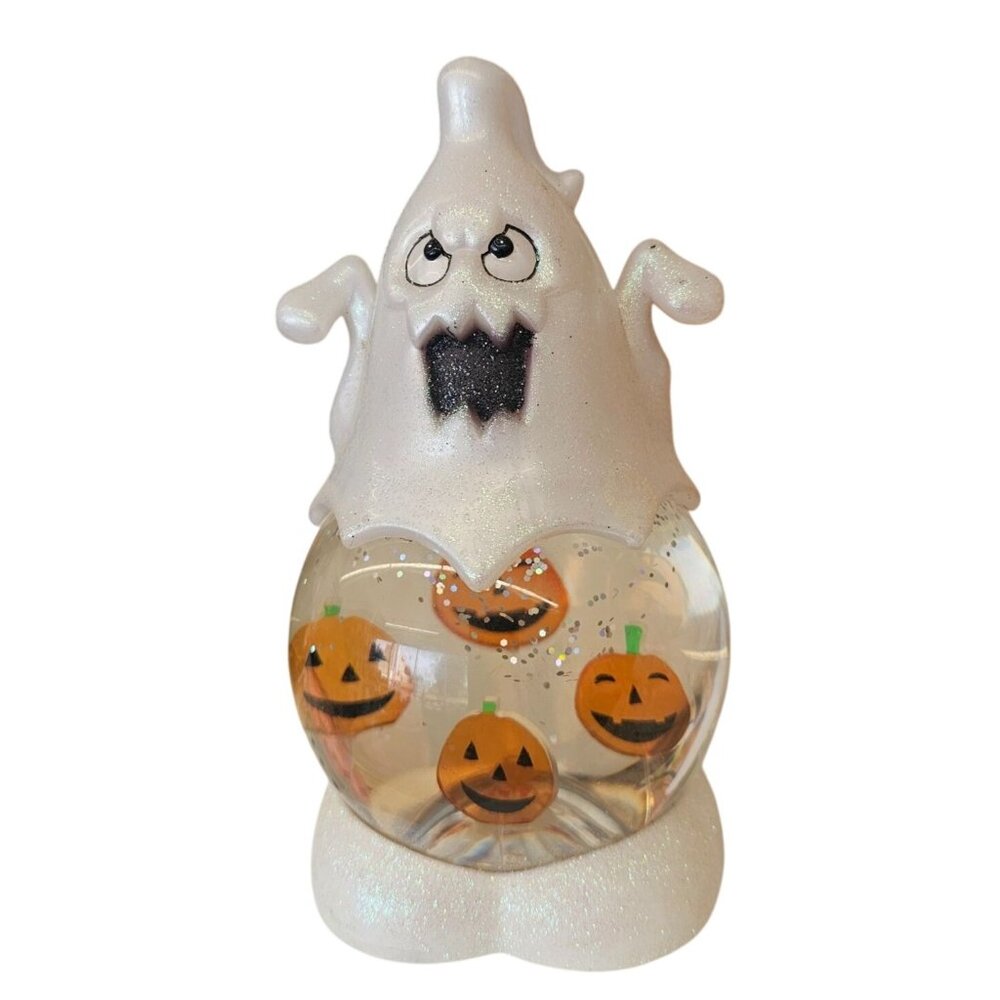 Halloween Ghost & Pumpkin Snow Globe  Light-Up Decoration  Battery-Powered  Indo